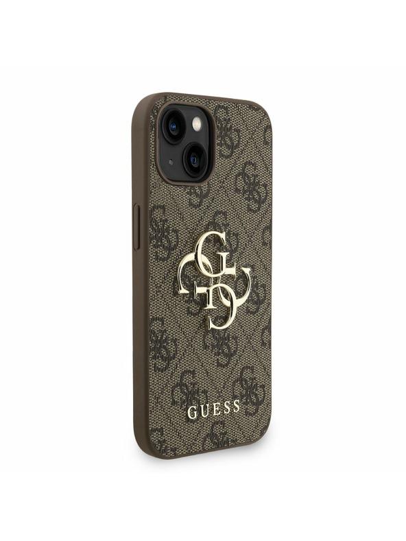 Guess Guess PU 4G Kovové logo Popruh Zadný kryt pre iPhone 15 Brown