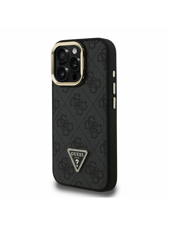 Guess Guess PU 4G Strass Triangle Logo Stand Camera Frame MagSafe Zadný kryt pre iPhone 15 Pro Black