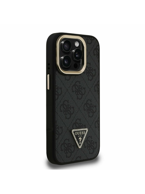 Guess Guess PU 4G Strass Triangle Logo Stand Camera Frame MagSafe Zadný kryt pre iPhone 15 Pro Black