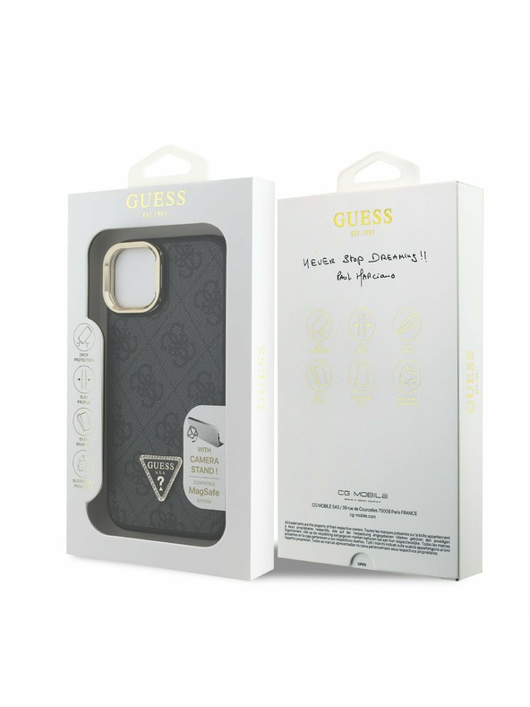 Guess Guess PU 4G Strass Triangle Logo Stand Camera Frame MagSafe Zadný kryt pre iPhone 13 Black