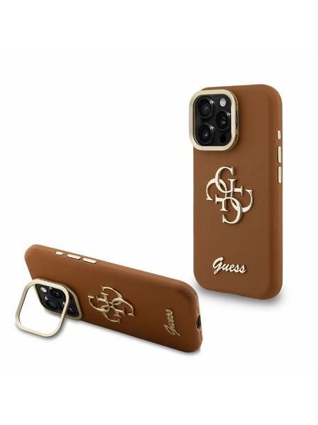 Guess Guess PU Grained 4G Logo Stand Camera Frame Zadný Kryt pre iPhone 16 Pro Max Brown