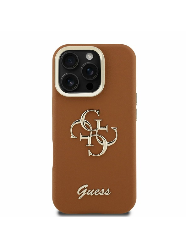 Guess Guess PU Grained 4G Logo Stand Camera Frame Zadný Kryt pre iPhone 16 Pro Max Brown