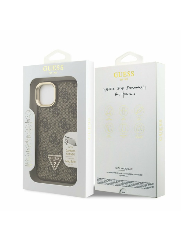 Guess Guess PU 4G Strass Triangle Logo Stand Camera Frame MagSafe Zadný Kryt pre iPhone 14 Brown