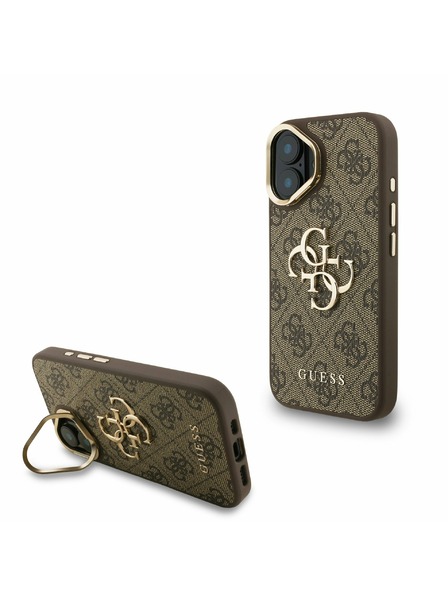 Guess Guess PU 4G Metal Logo Stand Camera Frame Zadný Kryt pre iPhone 16 Brown