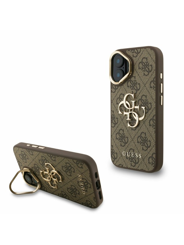 Guess Guess PU 4G Metal Logo Stand Camera Frame Zadný Kryt pre iPhone 16 Brown