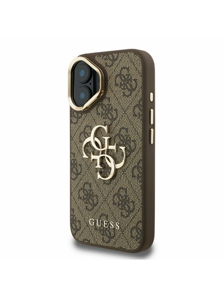 Guess Guess PU 4G Metal Logo Stand Camera Frame Zadný Kryt pre iPhone 16 Brown