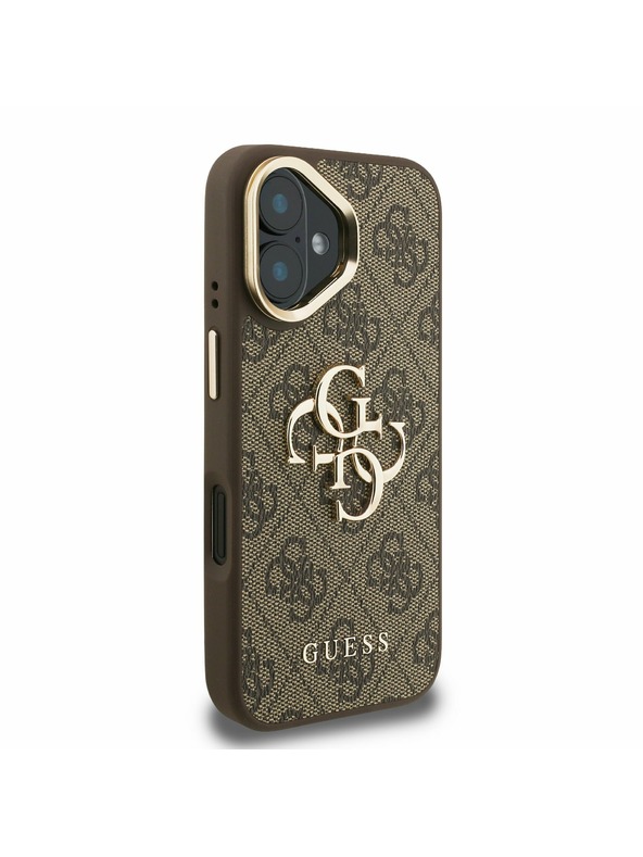 Guess Guess PU 4G Metal Logo Stand Camera Frame Zadný Kryt pre iPhone 16 Brown
