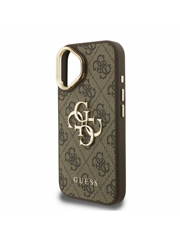 Guess Guess PU 4G Metal Logo Stand Camera Frame Zadný Kryt pre iPhone 16 Brown
