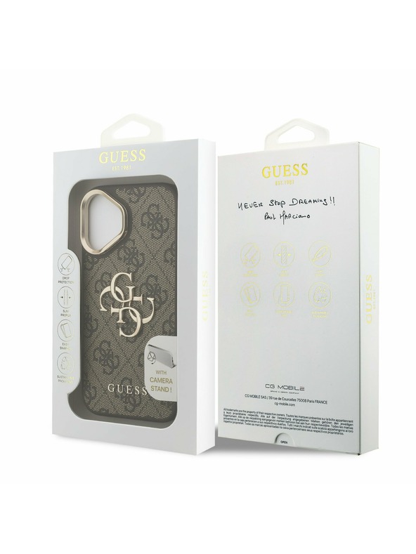 Guess Guess PU 4G Metal Logo Stand Camera Frame Zadný Kryt pre iPhone 16 Brown