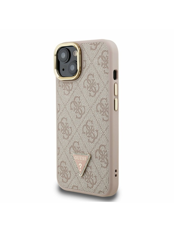 Guess Guess PU 4G Strass Triangle Logo Stand Camera Frame MagSafe Zadný Kryt pre iPhone 14 Pink