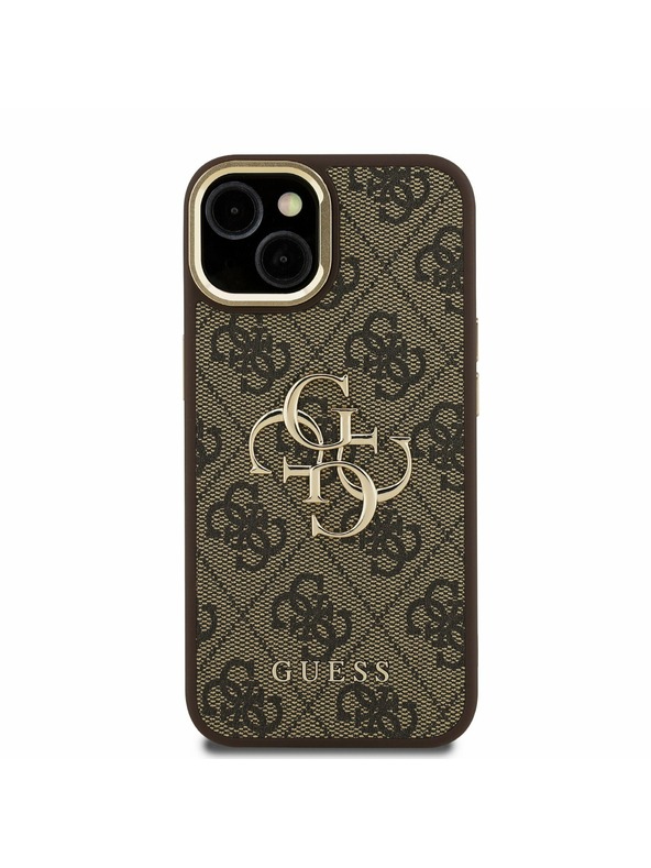 Guess Guess PU 4G Metal Logo Stand Camera Frame Zadný Kryt pre iPhone 14 Brown