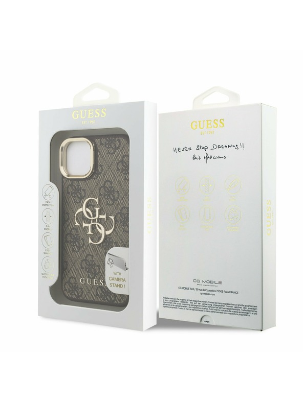 Guess Guess PU 4G Metal Logo Stand Camera Frame Zadný Kryt pre iPhone 14 Brown