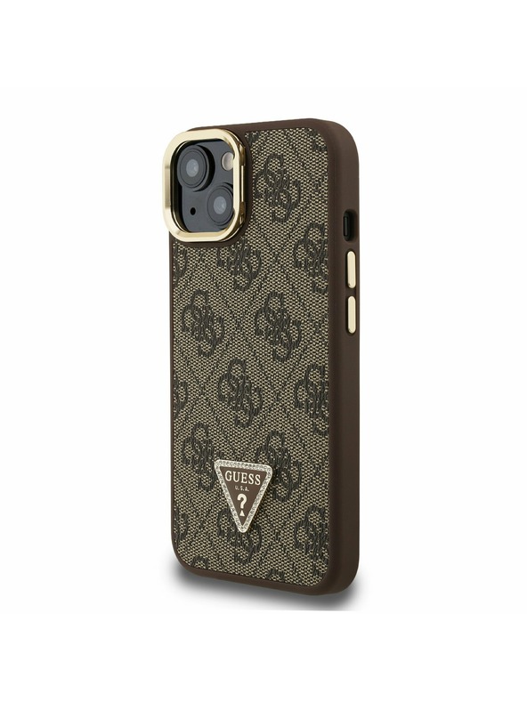 Guess Guess PU 4G Strass Triangle Logo Stand Camera Frame MagSafe Zadný Kryt pre iPhone 15 Brown