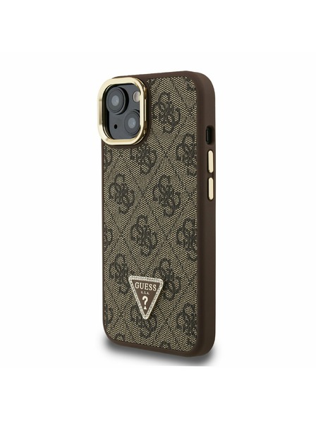 Guess Guess PU 4G Strass Triangle Logo Stand Camera Frame MagSafe Zadný Kryt pre iPhone 15 Brown