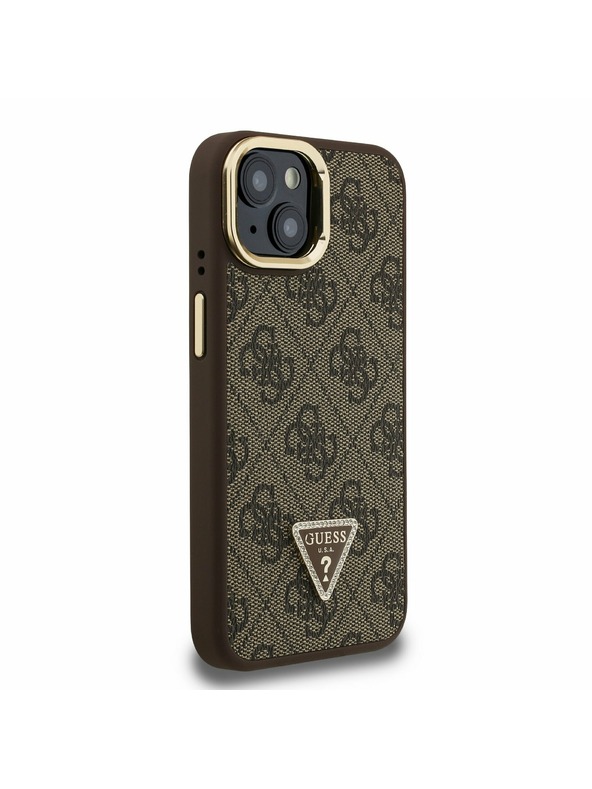 Guess Guess PU 4G Strass Triangle Logo Stand Camera Frame MagSafe Zadný Kryt pre iPhone 15 Brown