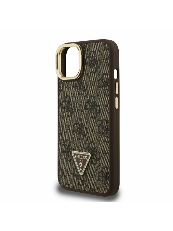 Guess Guess PU 4G Strass Triangle Logo Stand Camera Frame MagSafe Zadný Kryt pre iPhone 15 Brown