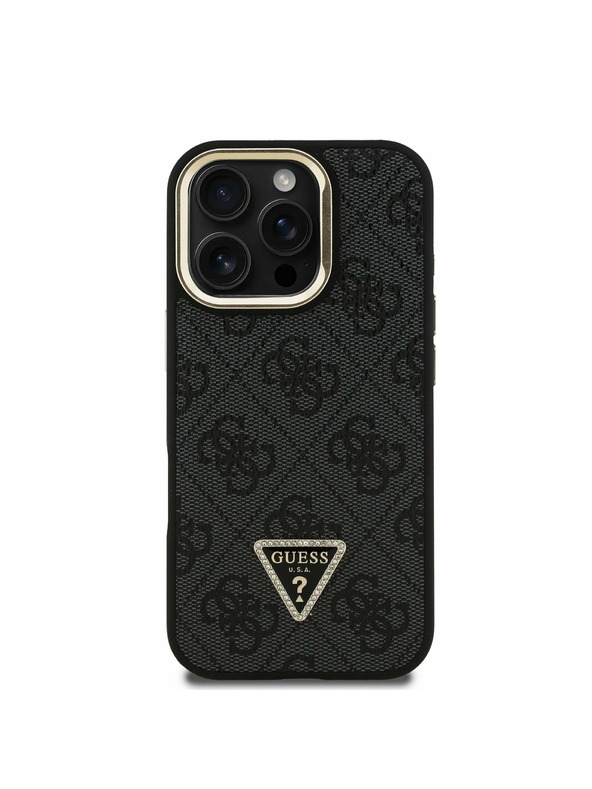 Guess Guess PU 4G Strass Triangle Logo Stand Camera Frame MagSafe Zadný Kryt pre iPhone 16 Pro Black