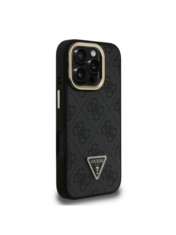 Guess Guess PU 4G Strass Triangle Logo Stand Camera Frame MagSafe Zadný Kryt pre iPhone 16 Pro Black