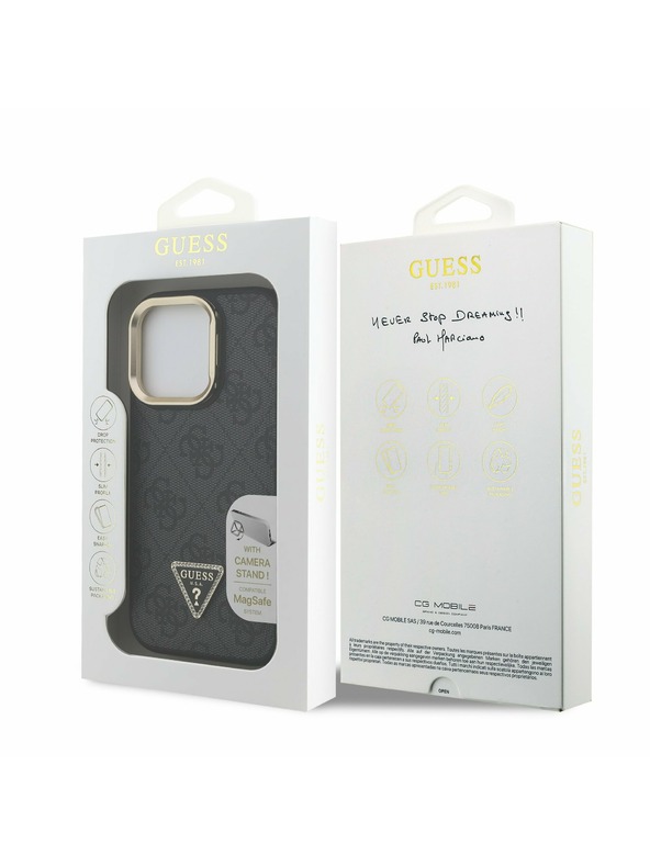 Guess Guess PU 4G Strass Triangle Logo Stand Camera Frame MagSafe Zadný Kryt pre iPhone 16 Pro Black