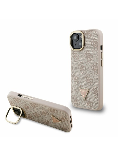 Guess Guess PU 4G Strass Triangle Logo Stand Camera Frame MagSafe Zadný Kryt pre iPhone 15 Pink