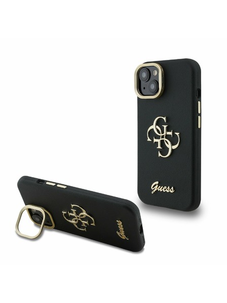 Guess Guess PU Zrnitý 4G Logo Stojan Rám Fotoaparátu Zadný Kryt pre iPhone 15 Black