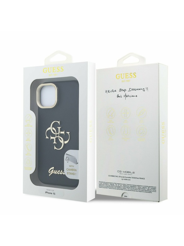 Guess Guess PU Zrnitý 4G Logo Stojan Rám Fotoaparátu Zadný Kryt pre iPhone 15 Black