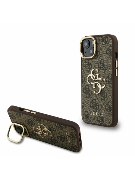 Guess Guess PU 4G Metal Logo Stojan Rám Fotoaparátu Zadný Kryt pre iPhone 15 Brown
