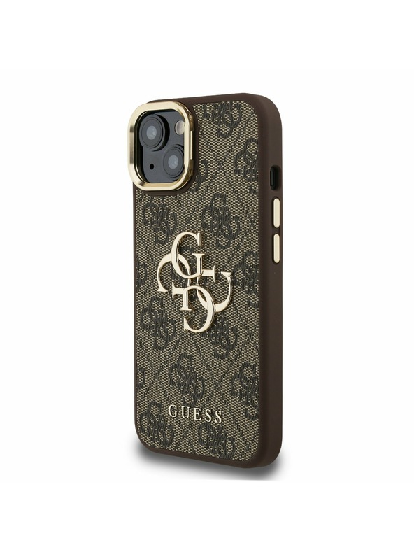 Guess Guess PU 4G Metal Logo Stojan Rám Fotoaparátu Zadný Kryt pre iPhone 15 Brown
