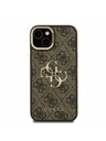 Guess Guess PU 4G Metal Logo Stojan Rám Fotoaparátu Zadný Kryt pre iPhone 15 Brown