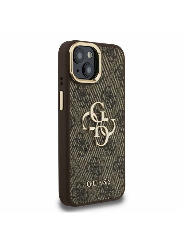 Guess Guess PU 4G Metal Logo Stojan Rám Fotoaparátu Zadný Kryt pre iPhone 15 Brown