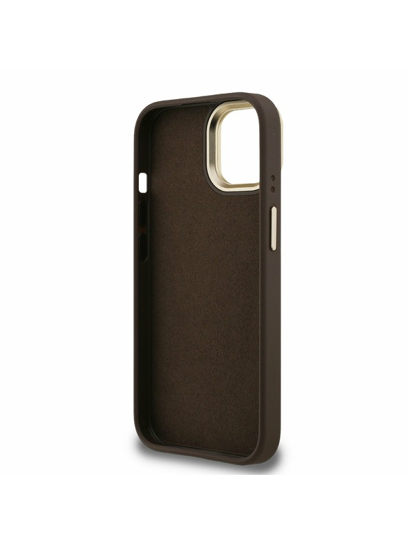 Guess Guess PU 4G Metal Logo Stojan Rám Fotoaparátu Zadný Kryt pre iPhone 15 Brown