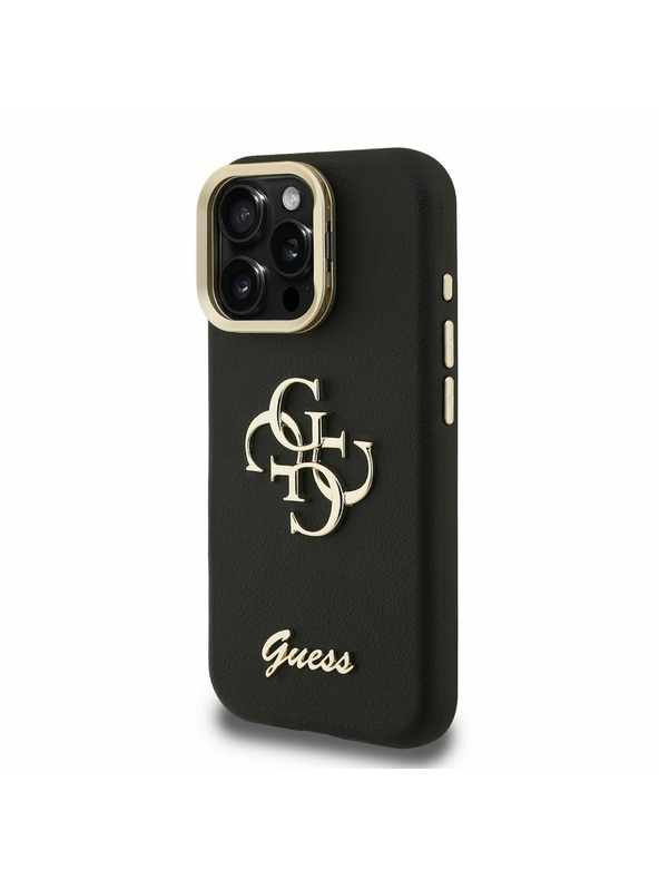 Guess Guess PU Zrnitý 4G Logo Stojan Rám Fotoaparátu Zadný Kryt pre iPhone 16 Pro Black