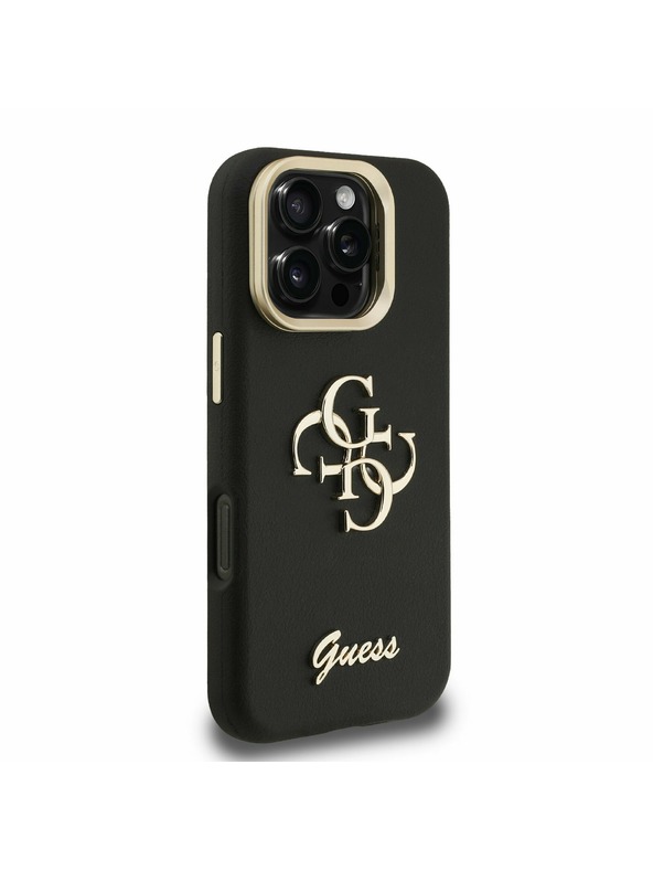Guess Guess PU Zrnitý 4G Logo Stojan Rám Fotoaparátu Zadný Kryt pre iPhone 16 Pro Black