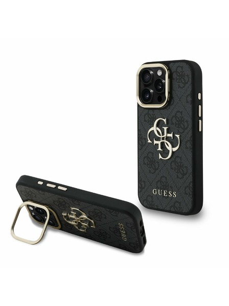 Guess Guess PU 4G Metal Logo Stojan Rám Fotoaparátu Zadný Kryt pre iPhone 16 Pro Black