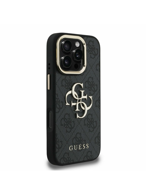 Guess Guess PU 4G Metal Logo Stojan Rám Fotoaparátu Zadný Kryt pre iPhone 16 Pro Black