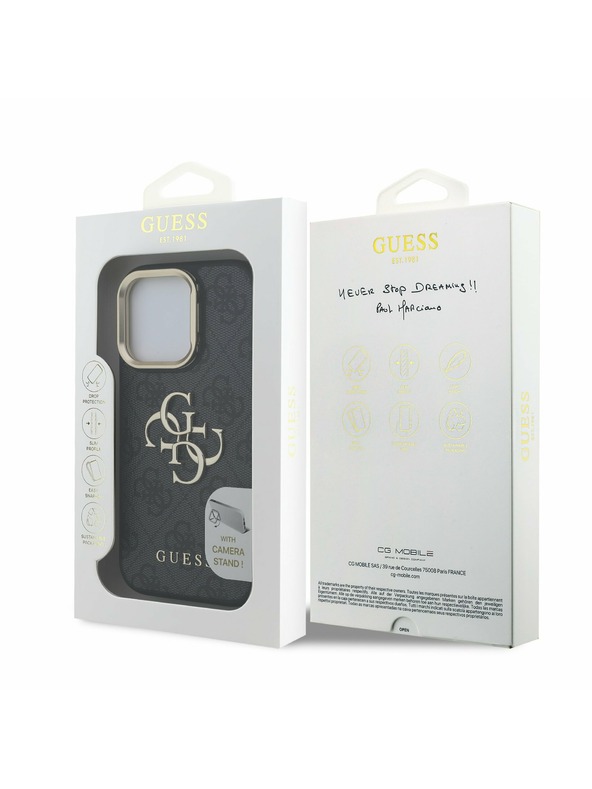 Guess Guess PU 4G Metal Logo Stojan Rám Fotoaparátu Zadný Kryt pre iPhone 16 Pro Black