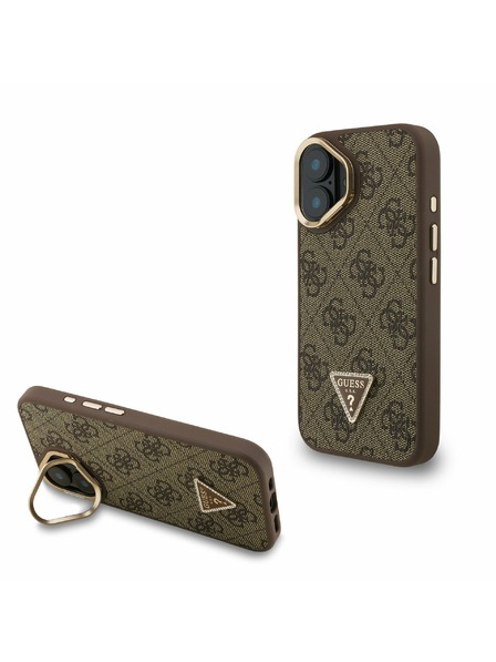 Guess Guess PU 4G Strass Trojuholníkové Logo Stojan Rám Fotoaparátu MagSafe Zadný Kryt pre iPhone 16 Brown