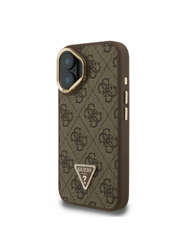 Guess Guess PU 4G Strass Trojuholníkové Logo Stojan Rám Fotoaparátu MagSafe Zadný Kryt pre iPhone 16 Brown