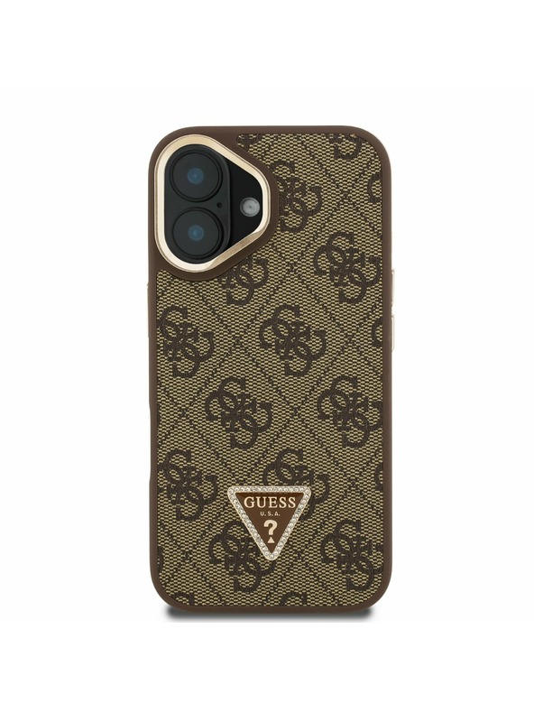 Guess Guess PU 4G Strass Trojuholníkové Logo Stojan Rám Fotoaparátu MagSafe Zadný Kryt pre iPhone 16 Brown