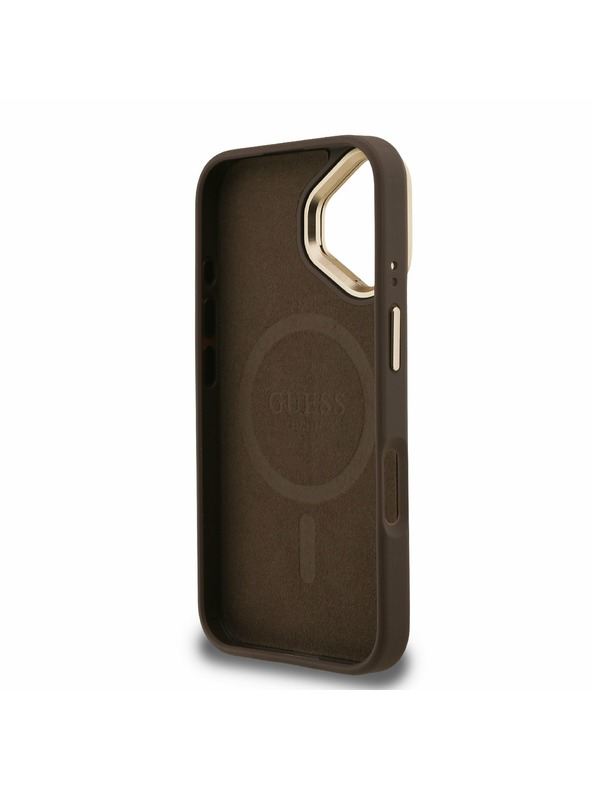 Guess Guess PU 4G Strass Trojuholníkové Logo Stojan Rám Fotoaparátu MagSafe Zadný Kryt pre iPhone 16 Brown