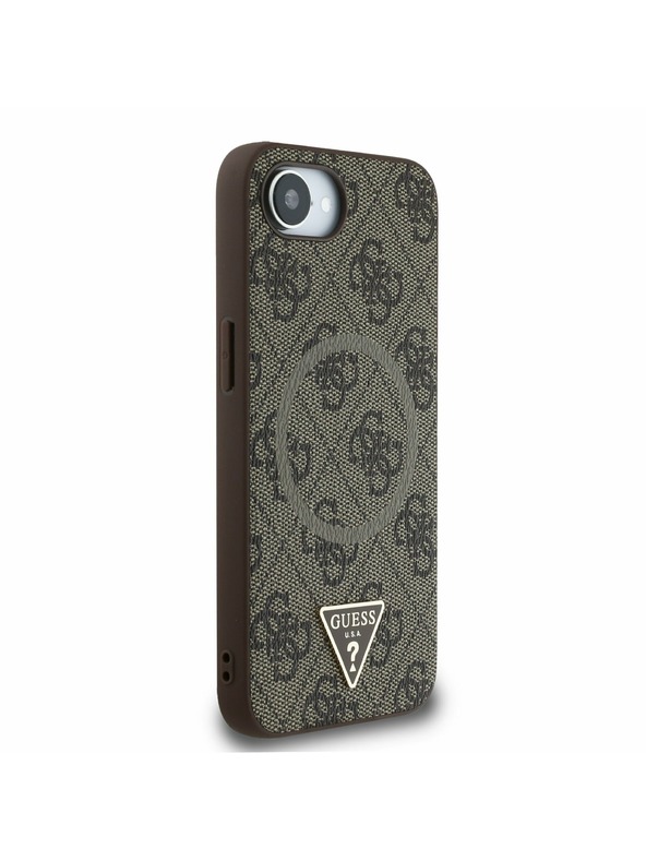 Guess Guess PU 4G Strass Trojuholníkové Metal Logo Zadný Kryt pre iPhone 16e Brown