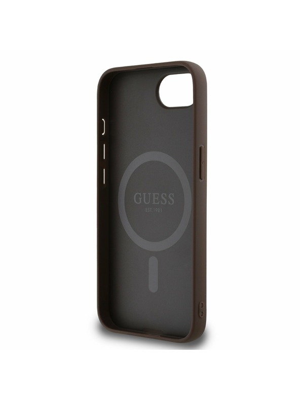 Guess Guess PU 4G Strass Trojuholníkové Metal Logo Zadný Kryt pre iPhone 16e Brown