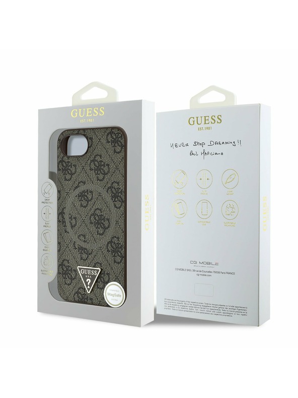 Guess Guess PU 4G Strass Trojuholníkové Metal Logo Zadný Kryt pre iPhone 16e Brown