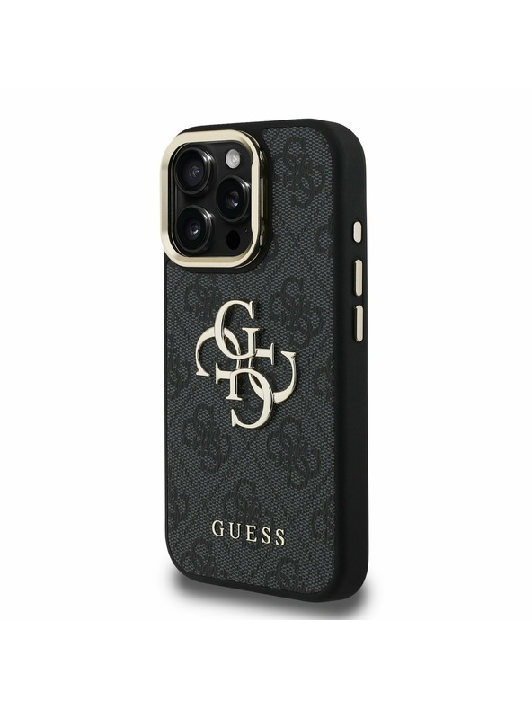 Guess Guess PU 4G Metal Logo Stojan Rám Fotoaparátu Zadný Kryt pre iPhone 16 Pro Max Black