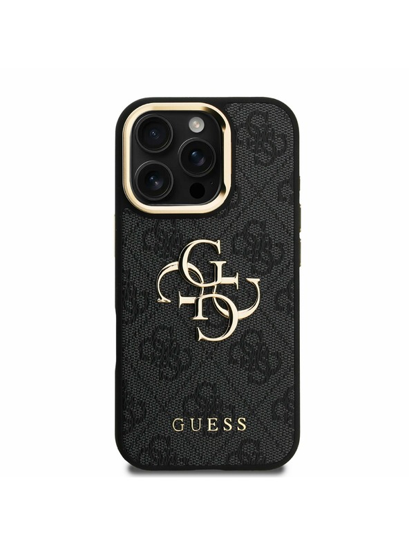 Guess Guess PU 4G Metal Logo Stojan Rám Fotoaparátu Zadný Kryt pre iPhone 16 Pro Max Black