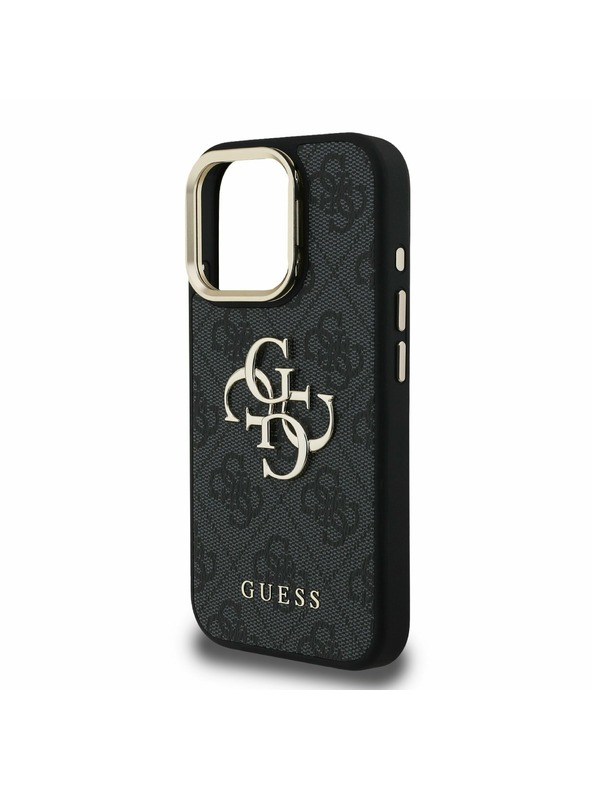 Guess Guess PU 4G Metal Logo Stojan Rám Fotoaparátu Zadný Kryt pre iPhone 16 Pro Max Black