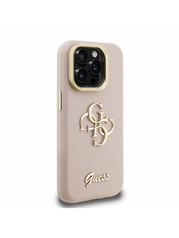 Guess Guess PU Zrnitý 4G Logo Stojan Rám Fotoaparátu Zadný Kryt pre iPhone 15 Pro Pink