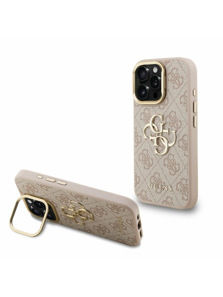 Guess Guess PU 4G Metal Logo Stojan Rám Fotoaparátu Zadný Kryt pre iPhone 15 Pro Pink