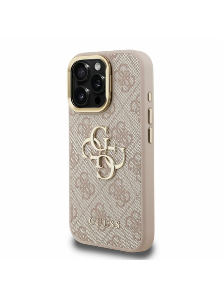 Guess Guess PU 4G Metal Logo Stojan Rám Fotoaparátu Zadný Kryt pre iPhone 15 Pro Pink