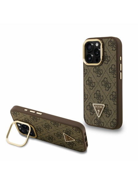 Guess Guess PU 4G Strass Trojuholníkové Logo Stojan Rám Fotoaparátu MagSafe Zadný Kryt pre iPhone 16 Pro Max Brown